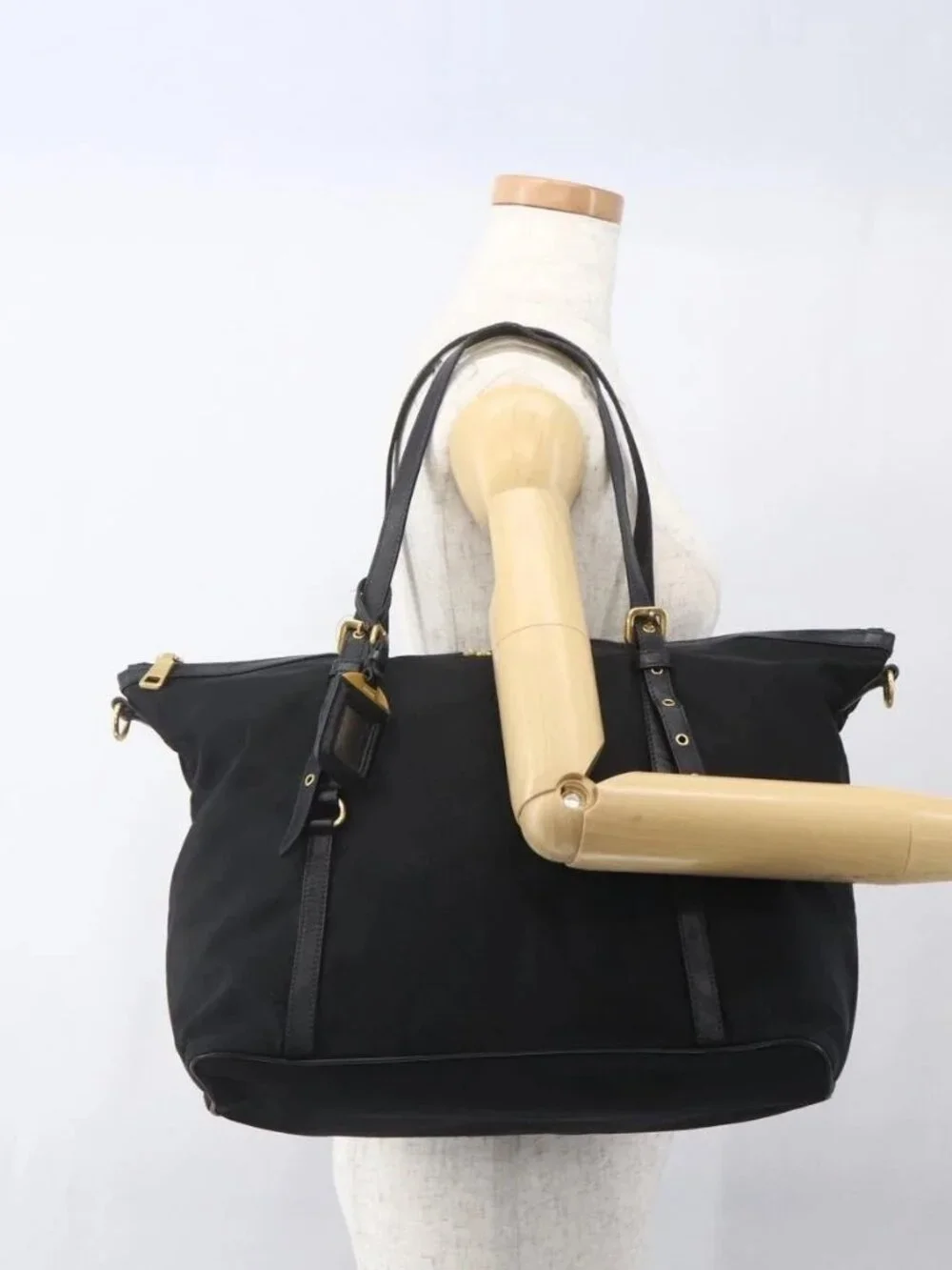 PRADA Tote Bag Nylon Black Gold Auth